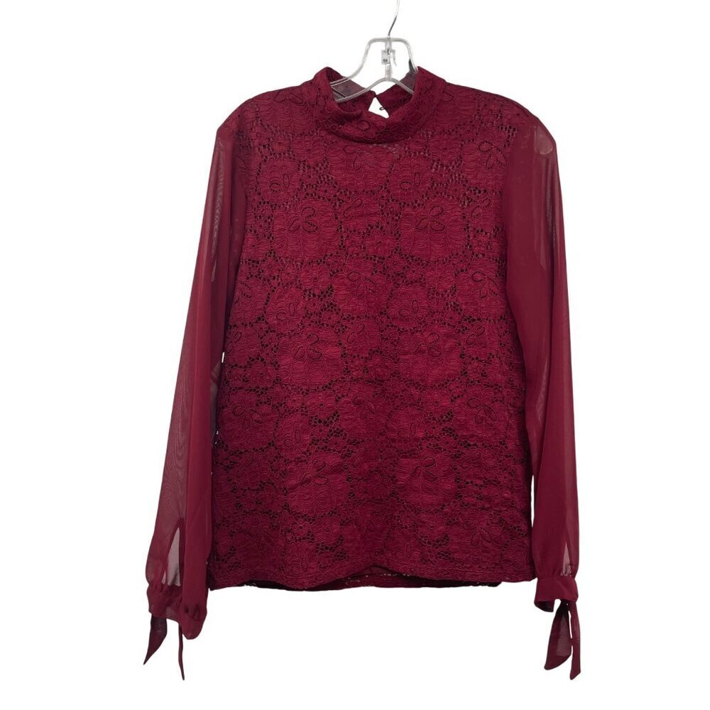 Rose+Olive Lace Blouse Long Sheer Sleeve Mock Neck Burgundy Tie Cuff Medium